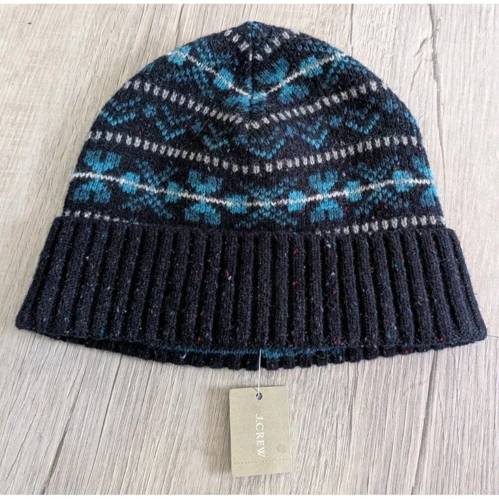 J Crew Fair Isle Lambswool Knit Beanie Hat Winter Navy Blue NWT